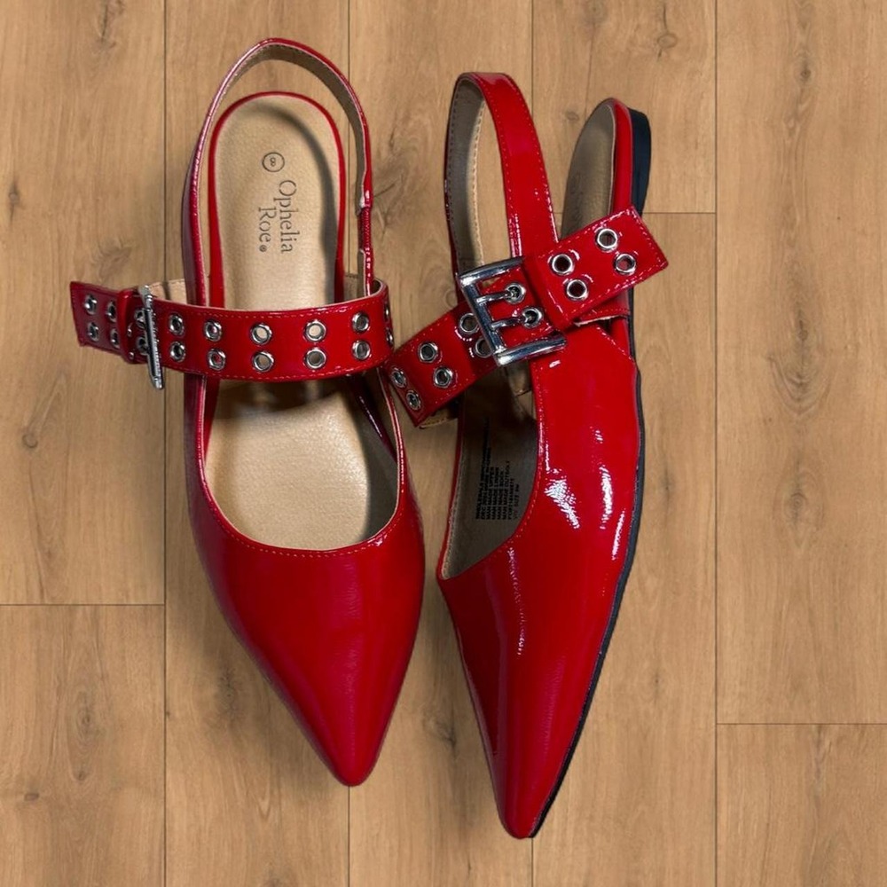 Red Patent Mary Jane Flats Pointed Toe Studded Buckle Slingback Shoes Size 8 - Picture 2 of 4